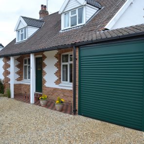 Green roller garage door