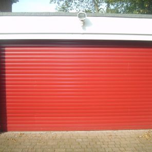 Red roller garage door