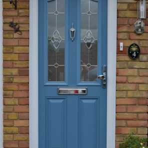 Hertfordshire duck egg blue composite double glazed door with Majestic decorative glass