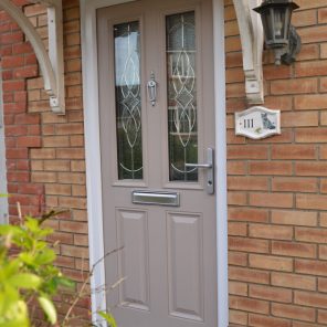 Grey composite door with Karri decorative glass