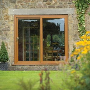 Golden oak double glazed patio door
